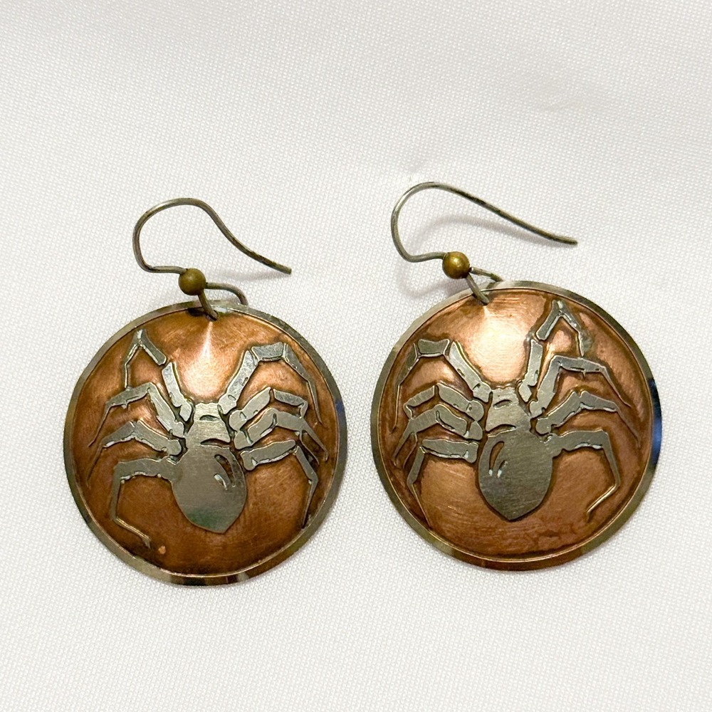 Copper‎ earrings spider design circle halloween forestcore 1 inch vintage